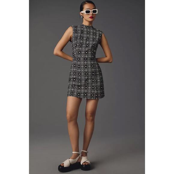 nwt by ANTHROPOLOGIE sz L Mock-Neck Sleeveless Seamed Dress black white - Picture 3 of 5